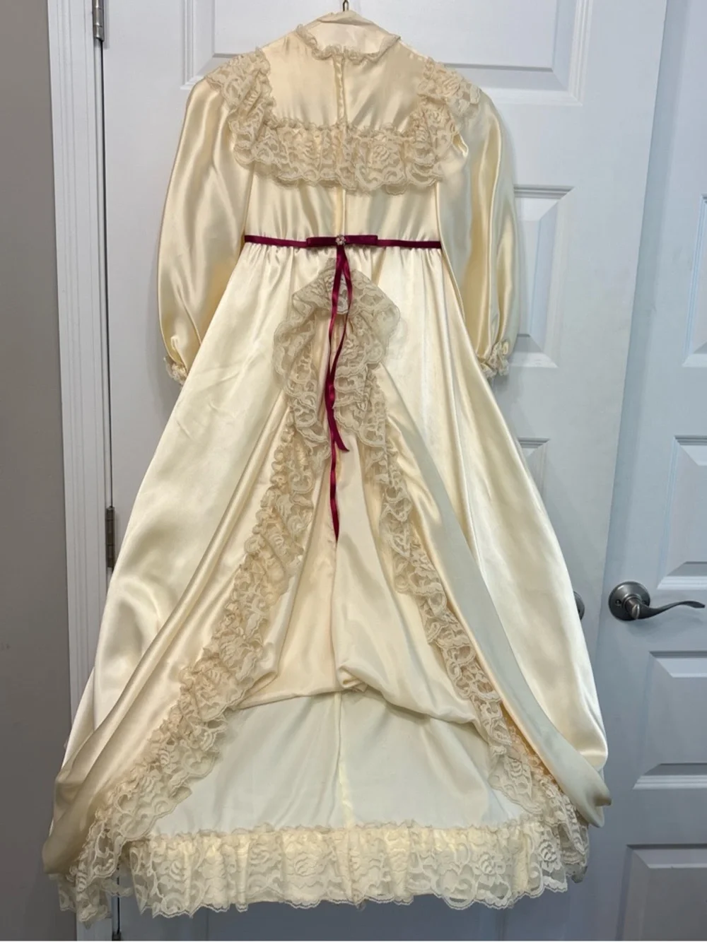 Vintage Victorian Girls Ivory Satin Lace Ruffled Dress with Burgundy Ribbon